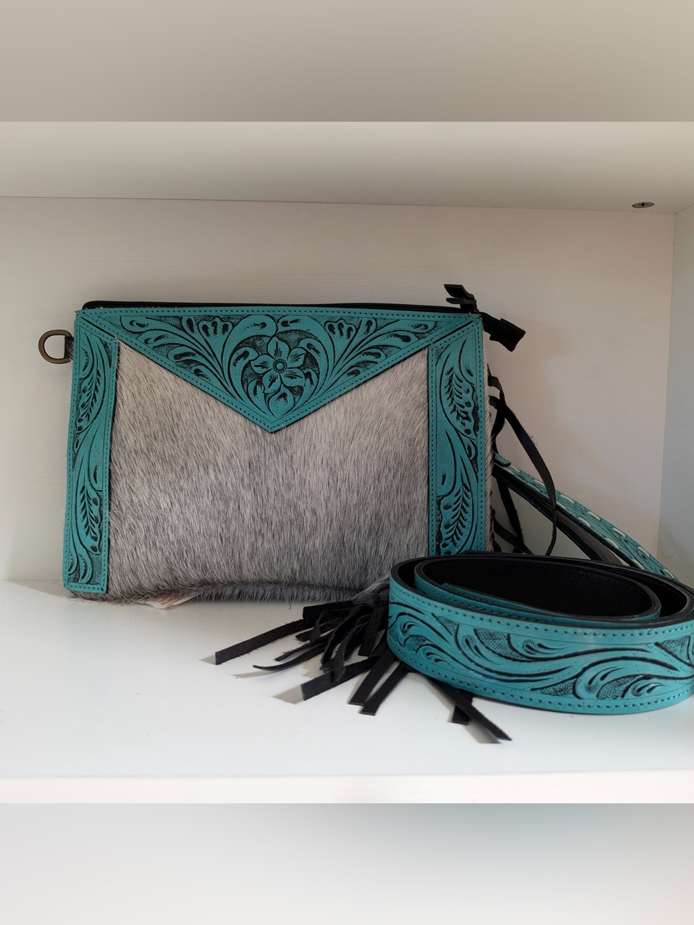 western turquoise tooled leather & gray hair-on cowhide crossbody bag